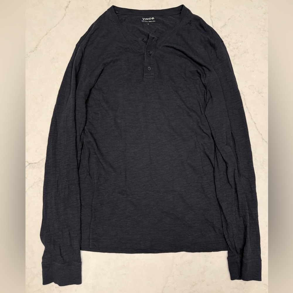 Vince Long-Sleeve Cotton Henley - Charcoal- Men’s Size L